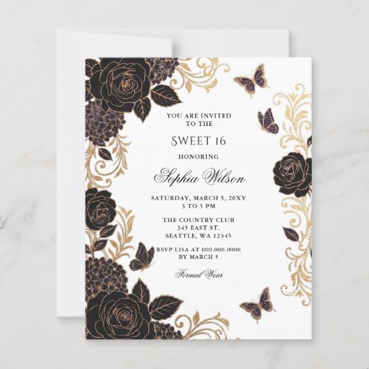 Budget Zwart Goud Bloem Butterfly Sweet 16 (Voorkant)