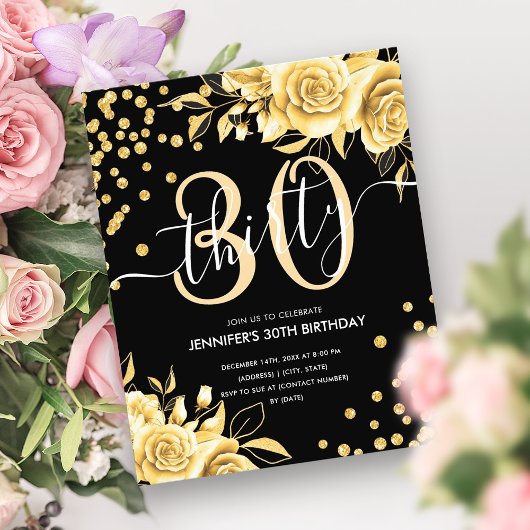 Budget Zwart Goud Bloemen Glitter 30e Verjaardag Flyer