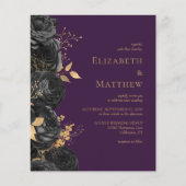 Budget Zwart Goud Bloemen Paarse Huwelijksuitnodig (Voorkant)