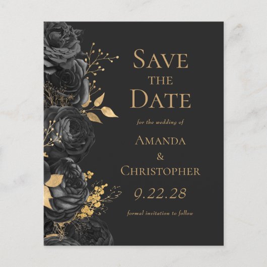 Budget Zwart Goud Donkere Bloemen Save the Date (Voorkant)