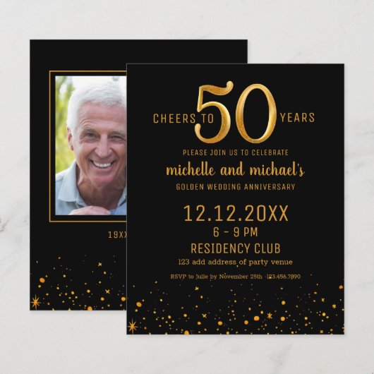 Budget Zwart & Goud Foto 50e Jubileum Uitnodigen (Voorkant / Achterkant)