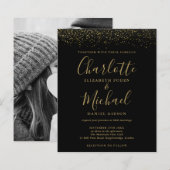 Budget Zwart Goud Glitter Foto Trouw Uitnodiging (Voorkant / Achterkant)