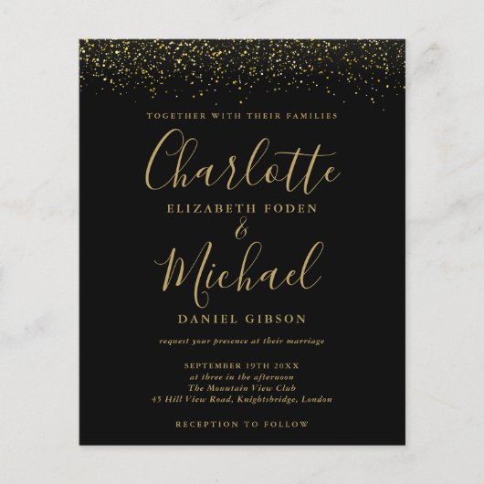 Budget Zwart Goud Glitter Foto Trouw Uitnodiging (Voorkant)