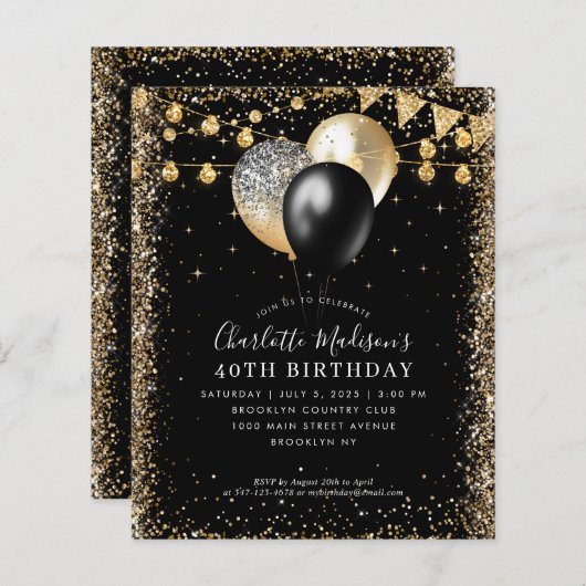 Budget Zwart Goud Glitter Lights Ballon Verjaardag (Voorkant / Achterkant)