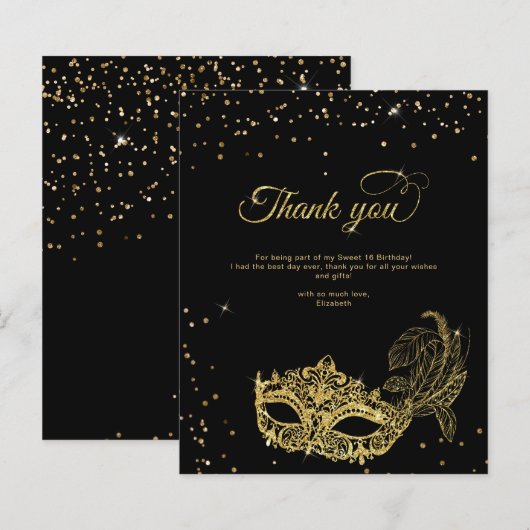 BUDGET Zwart Goud Glitter Masquerade Bedankt (Voorkant / Achterkant)