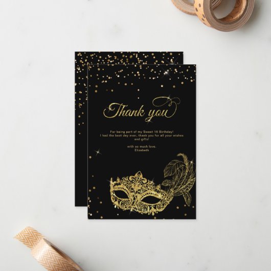 BUDGET Zwart Goud Glitter Masquerade Dank u Notitiekaartje (Voorkant / Achterkant in situ)