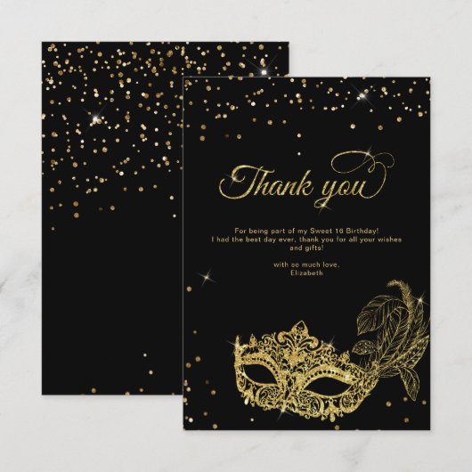 BUDGET Zwart Goud Glitter Masquerade Dank u Notitiekaartje (Voorkant / Achterkant)