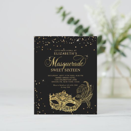 BUDGET Zwart Goud Glitter Masquerade Sweet 16 (Staand voorkant)