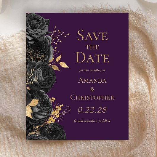 Budget Zwart Goud Paarse Bloemen Save the Date