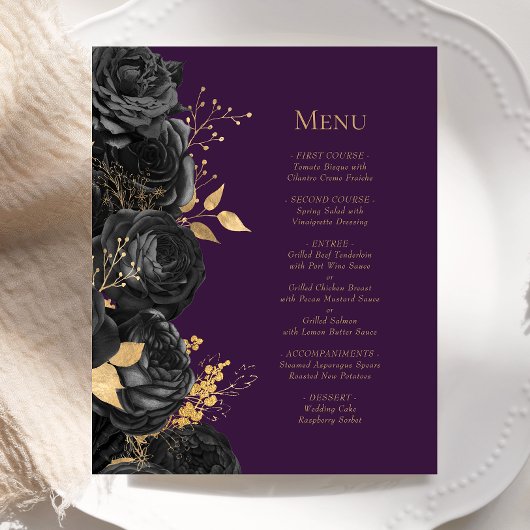 Budget Zwart Goud Paarse Bloemen Trouwmenu
