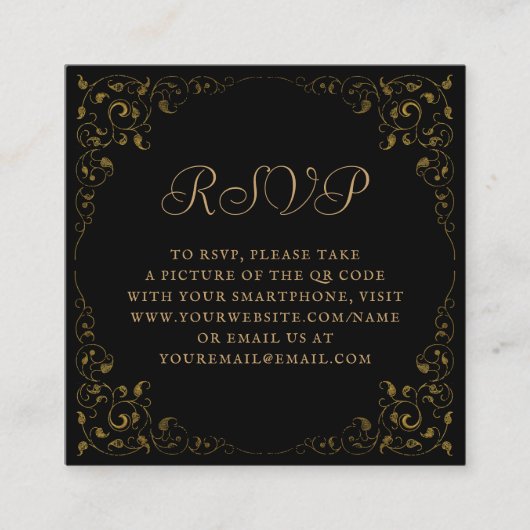 Budget Zwart Goud Trouwen QR Code RSVP Informatiekaartje (Voorkant)