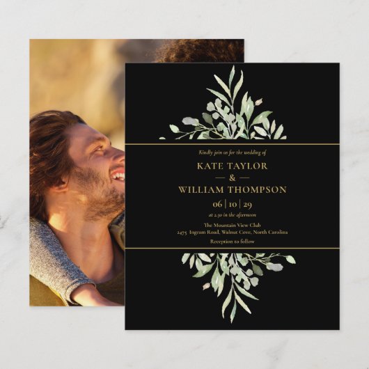 Budget Zwart Gouden Groene Huwelijksfoto Uitnodigi (Voorkant / Achterkant)