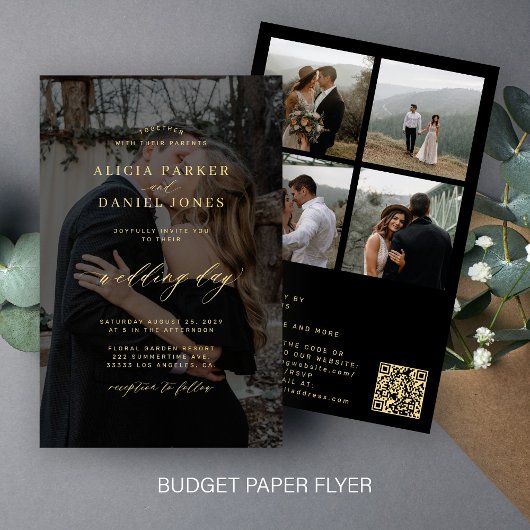 Budget zwart overlay foto QR code RSVP bruiloft Flyer