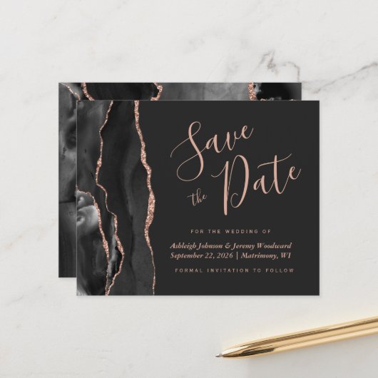 Budget zwart Roos Gold Agate Dark Save the Date (Voorkant / Achterkant in situ)