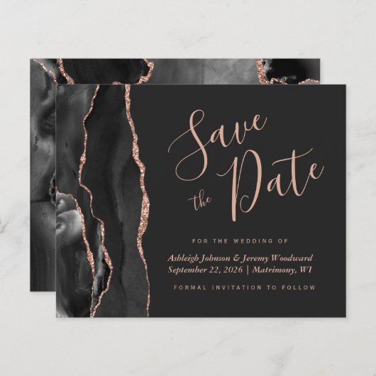 Budget zwart Roos Gold Agate Dark Save the Date (Voorkant / Achterkant)