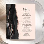 Budget Zwart Roos Gouden Agaat Blush Bruiloft Menu<br><div class="desc">De linkerkant van deze elegante bruiloft-uitnodiging heeft een zwarte waterverf agaatrand afgewerkt met faux roos gouden glitter. De aanpasbare tekst combineert slate zwart handschrift script en koperplaat lettertypen op een blush roze achtergrond. De achterzijde is voorzien van een bijpassend zwart en roos gouden agaat ontwerp.</div>