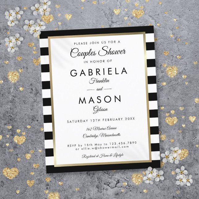 Budget Zwart Streep Goud Koppel Shower Uitnodiging (Budget Black Stripe Gold Couples Shower Invitation)