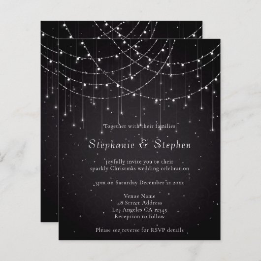 Budget Zwart String Lights QR Code Bruiloft Uitnod (Voorkant / Achterkant)