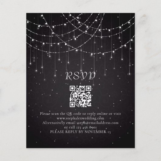 Budget Zwart String Lights QR Code Bruiloft Uitnod (Achterkant)
