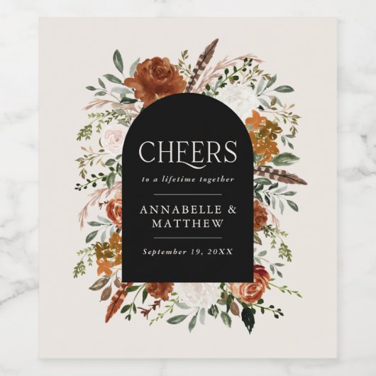 Budget zwart, Terracotta floral bruiloft cadeau Wijn Etiket (Enkel label)