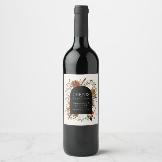 Budget zwart, Terracotta floral bruiloft cadeau Wijn Etiket (Voorkant)