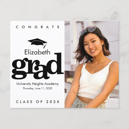 Budget Zwart Wit Foto Graduatie Cap Uitnodiging (Voorkant)