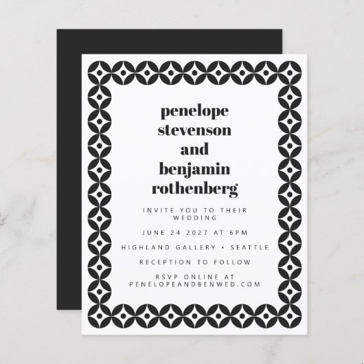Budget zwart wit geometrische bruiloft uitnodiging (Voorkant / Achterkant)