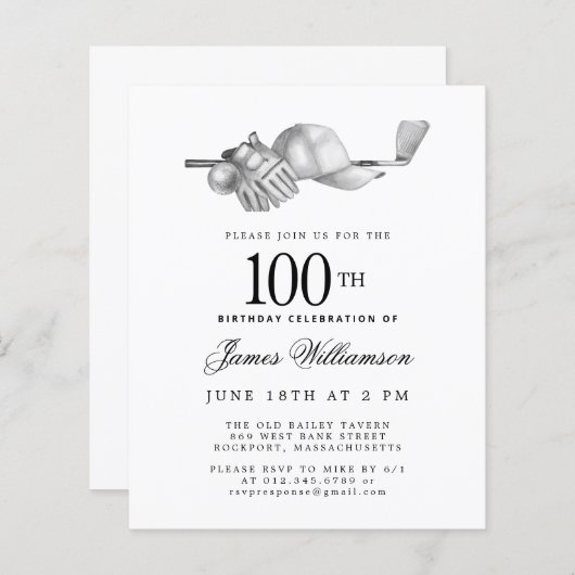 Budget Zwart Wit Golf 100e Verjaardag uitnodiging (Voorkant / Achterkant)