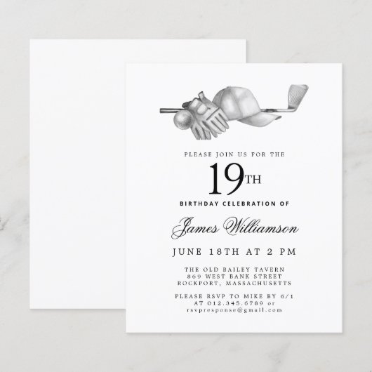 Budget Zwart Wit Golf 19e Verjaardag uitnodiging (Voorkant / Achterkant)