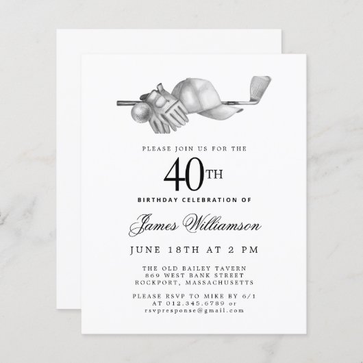 Budget Zwart Wit Golf 40e Verjaardag uitnodiging (Voorkant / Achterkant)