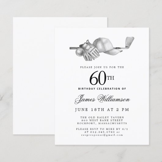 Budget Zwart Wit Golf 60e Verjaardag uitnodiging (Voorkant / Achterkant)