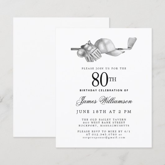 Budget Zwart Wit Golf 80e Verjaardag uitnodiging (Voorkant / Achterkant)