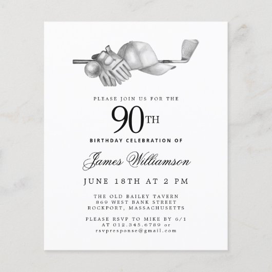 Budget Zwart Wit Golf 90e Verjaardag uitnodiging (Voorkant)