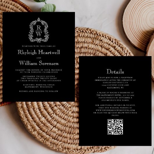 Budget Zwart Wit Monogram Crest QR Code Huwelijk