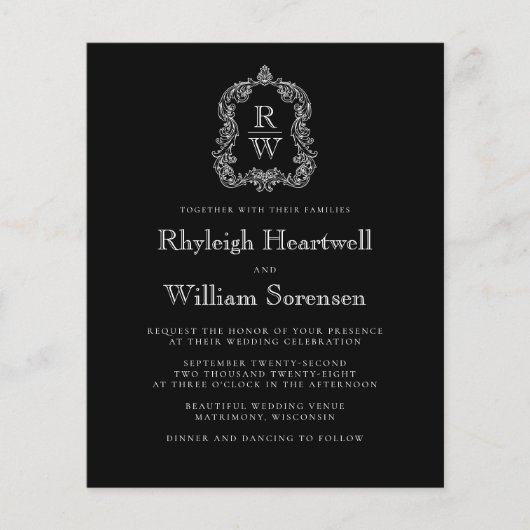 Budget Zwart Wit Monogram Crest Wedding Uitnodigin (Voorkant)