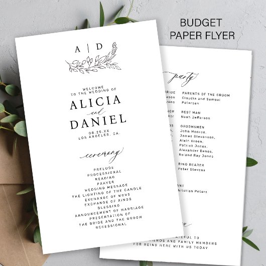 Budget zwart-wit monogram trouwprogramma flyer