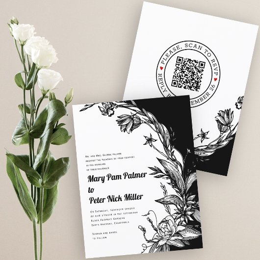 BUDGET zwart, witte QR RSVP trouwuitnodiging