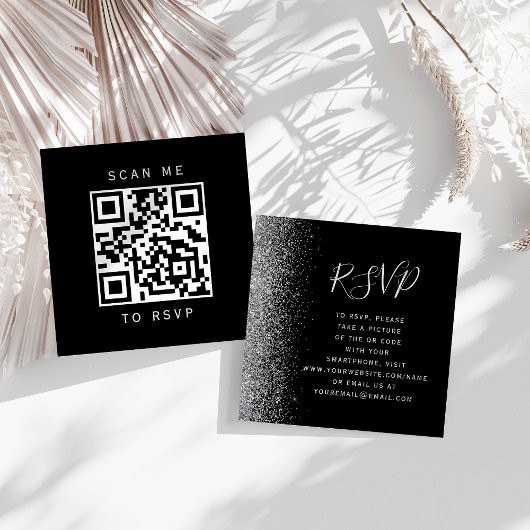 Budget Zwart Zilver Glitter Huwelijk QR Code RSVP Informatiekaartje