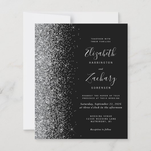 Budget Zwart Zilver Glitter QR Code Trouwen (Voorkant)