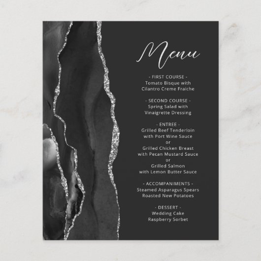 Budget Zwart Zilveren Agaat Script Wedding Menu (Voorkant)