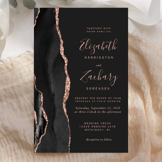Budget Zwarte Agate Roze Gouden Trouwuitnodiging