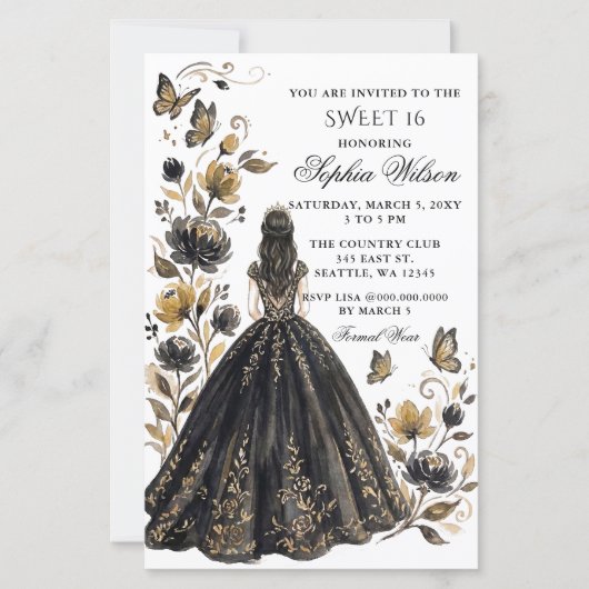 Budget Zwarte Bloem Vlinder Prinses Sweet 16 (Voorkant)