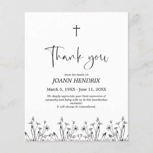 Budget Zwarte Bloemige Herdenkings Dankkaart (Voorkant)