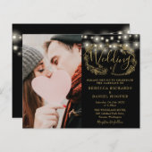 Budget Zwarte Gouden Bloemen Foto Trouw Uitnodigin (Voorkant / Achterkant)