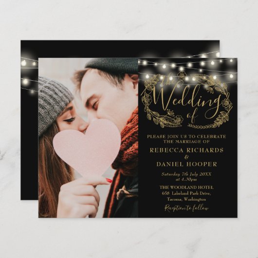 Budget Zwarte Gouden Bloemen Foto Trouw Uitnodigin (Voorkant / Achterkant)