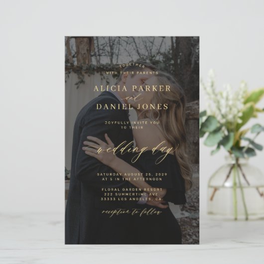 Budget zwarte overlay foto QR code RSVP bruiloft (Staand voorkant)