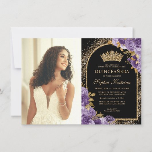Budget Zwarte Paarse Gouden Bloem Foto Quinceanera Notitiekaartje (Voorkant)