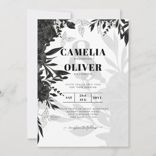 BUDGET Zwarte Rozen Elegante Witte Trouw Uitnodigi Kaart (Voorkant)