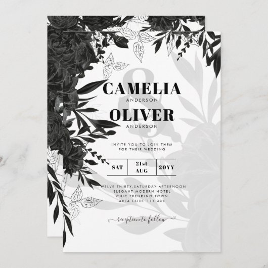 BUDGET Zwarte Rozen Elegante Witte Trouw Uitnodigi Kaart (Voorkant / Achterkant)