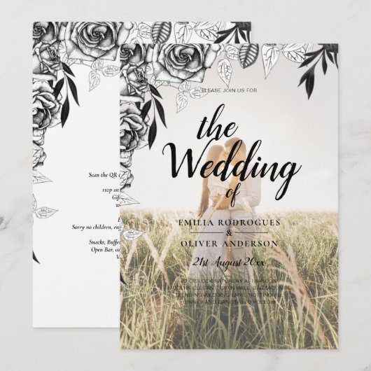 Budget Zwarte Rozen FOTOBLAADJE Huwelijksuitnodigi Kaart (Voorkant / Achterkant)